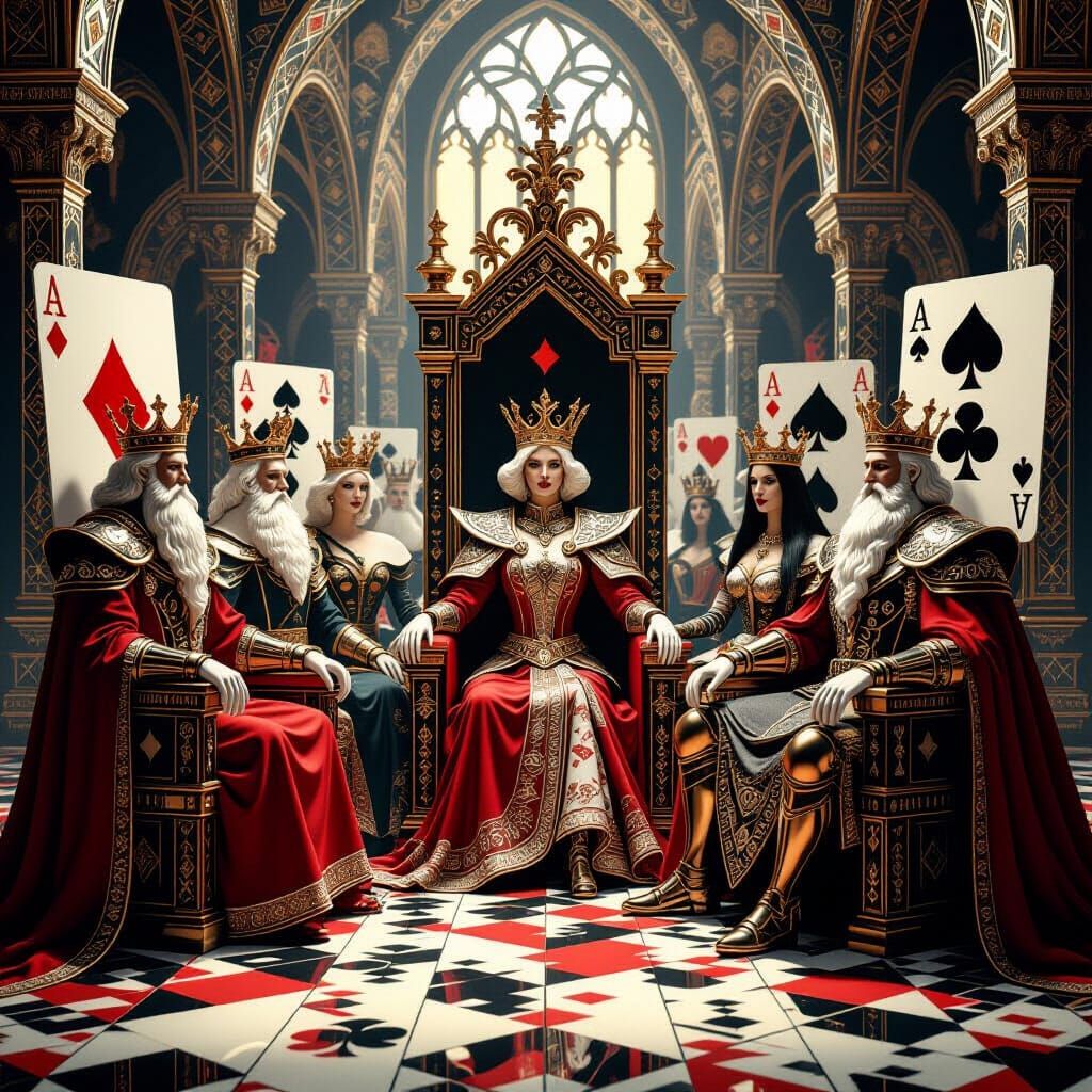 Royal Court Made of Playing Cards in Surreal Style