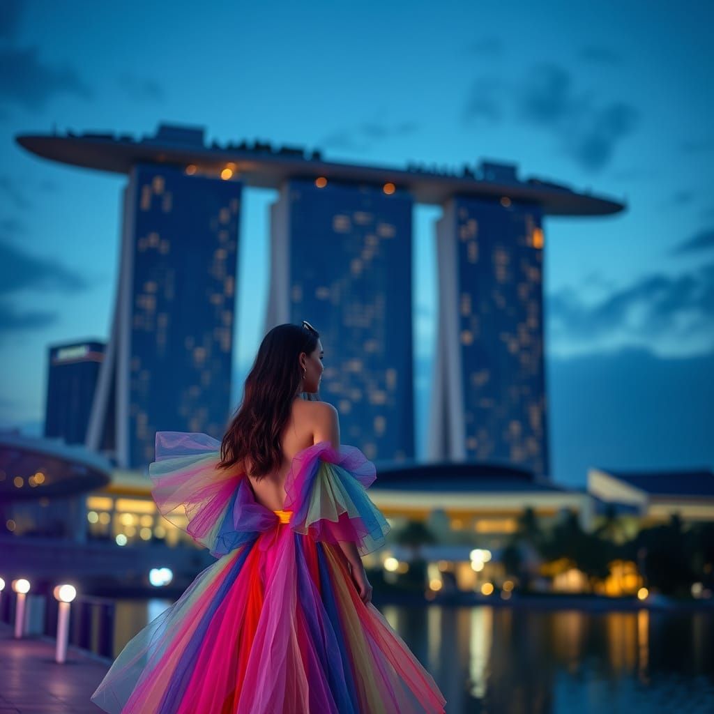 Woman in Colorful Dress at Marina Sands, Bokeh