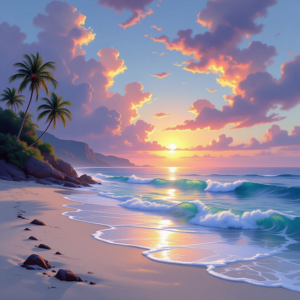 Ethereal Sunrise Beach: A Hyperdetailed Fantasy Landscape