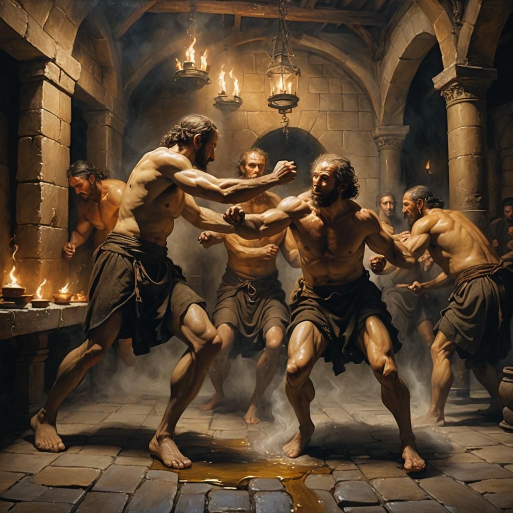 Medieval Bathhouse Brawl in Rembrandt Style