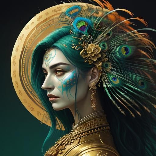 Metallic Gold Woman with Peacock Feathers, Expressionist Art