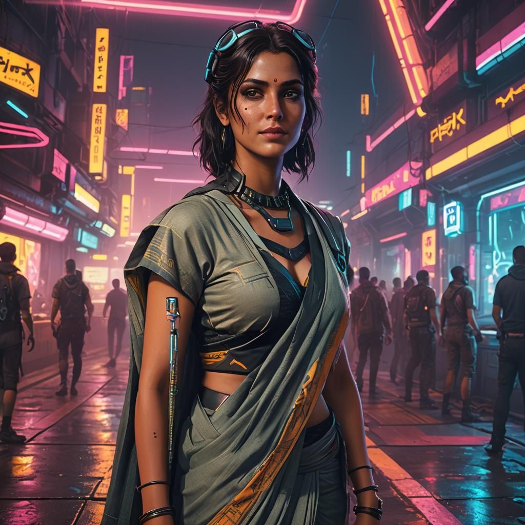 Happy Woman in Saree, Cyberpunk 2099 Style