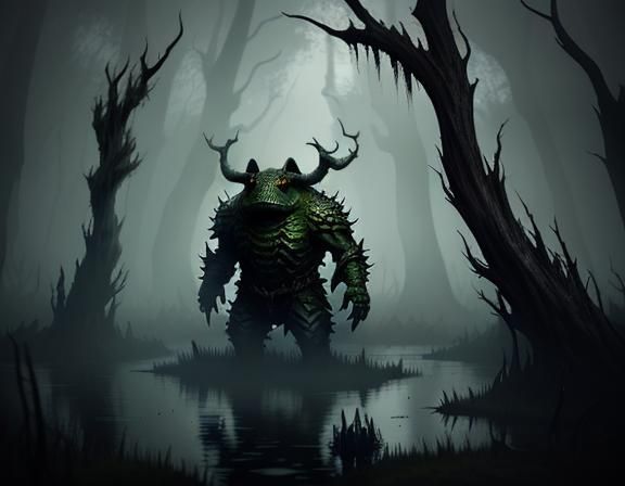 Bullywug in Murky Swamp: Dark Fantasy Illustration