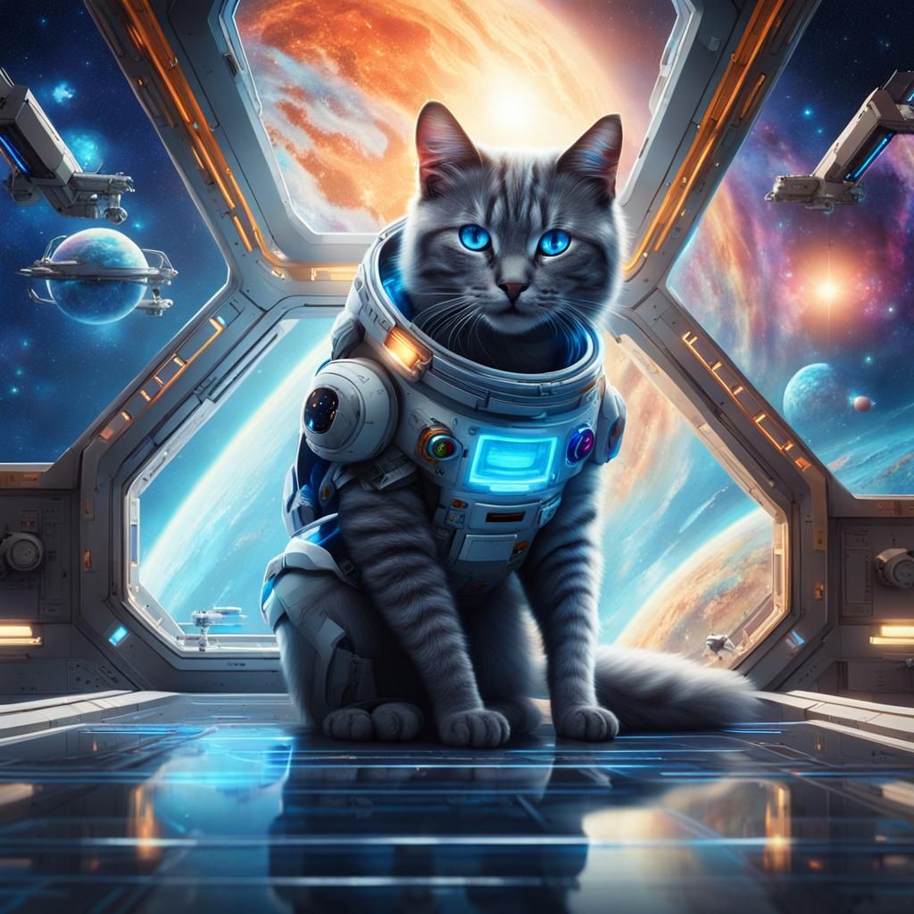 Futuristic Cat Explores Space Station in Digital Art