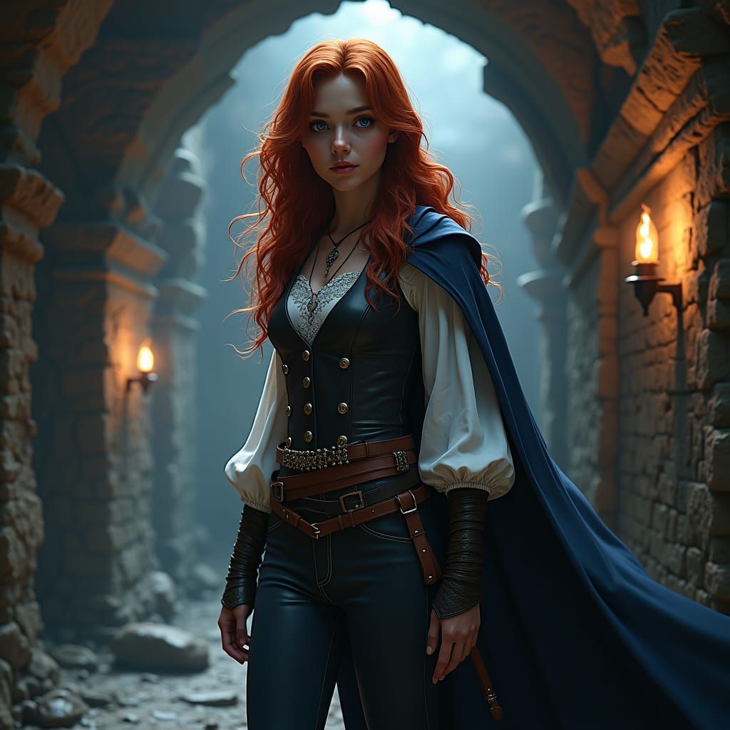 Red-Haired Woman Exploring Ancient Dungeons in Fantasy Art
