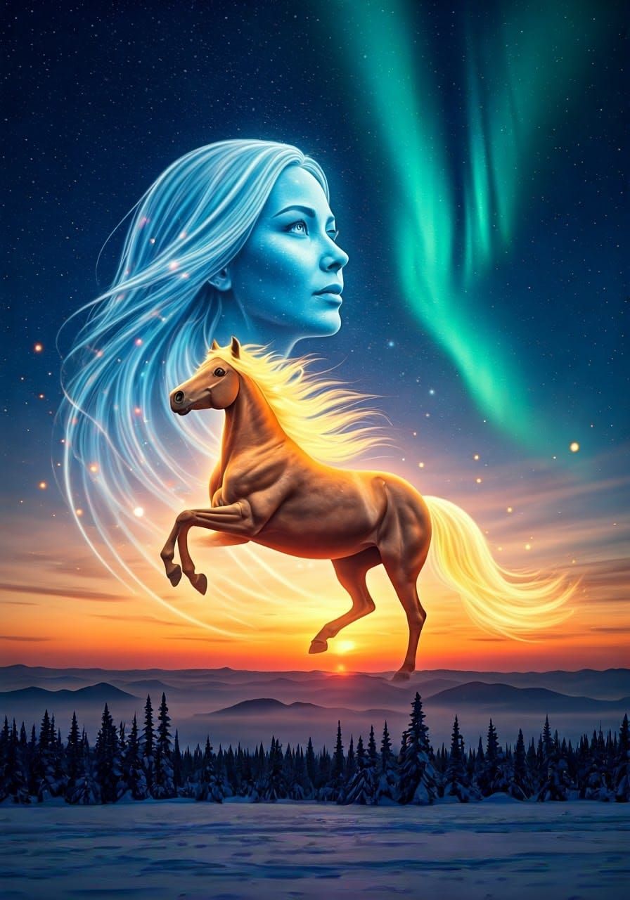 Celestial Ghost Meets Majestic Fluffy Horse in a Dreamy, Sta...