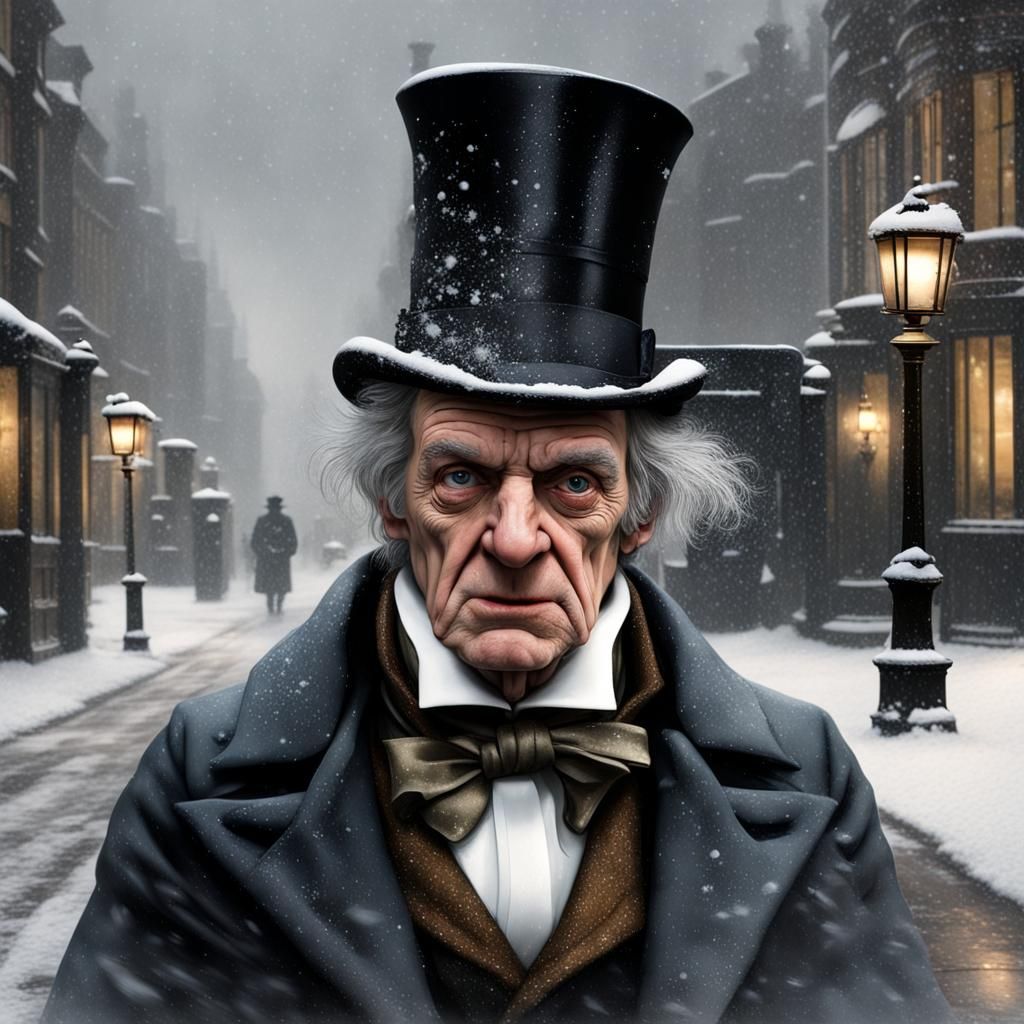 Hyperreal Ebeneezer Scrooge in Snowy Victorian England