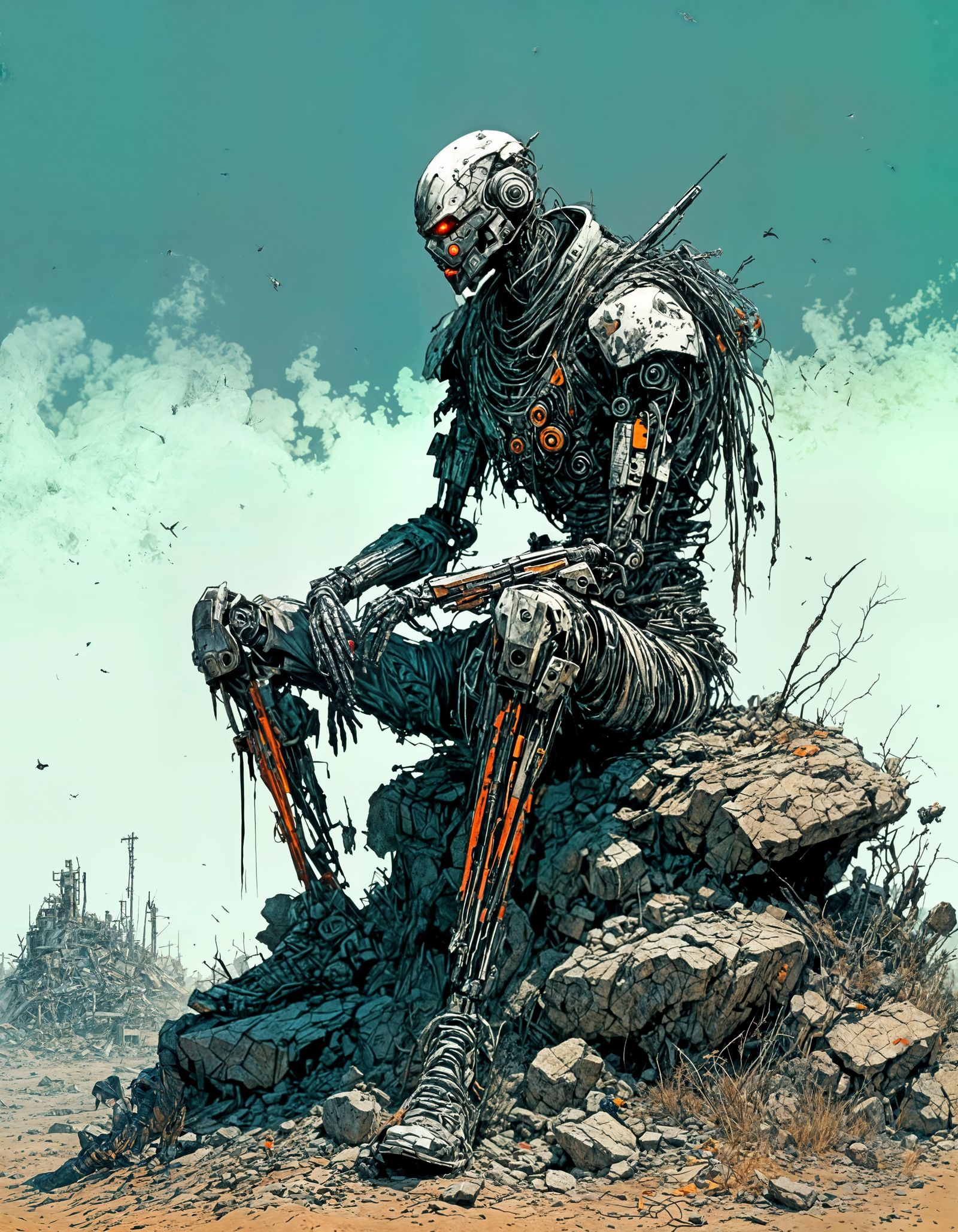 Cyberpunk Warrior in Scrapyard Solitude