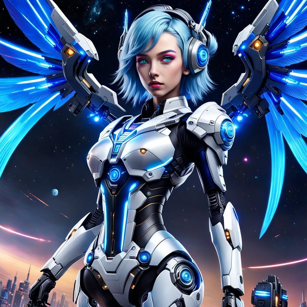 Flying Mecha Girl in Cyberpunk Space Universe