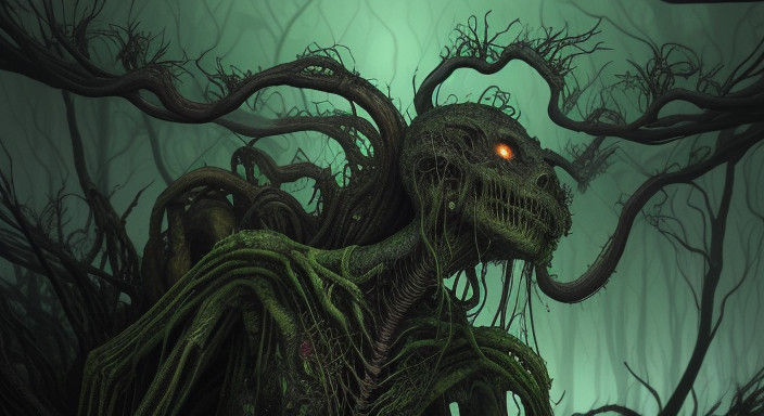 Grotesque Exo-Body Horror Scene in Dark, Muted Biomechanical...