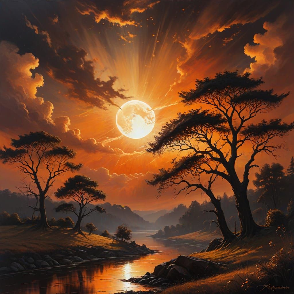 Majestic Solar Eclipse in Oil Painting Style