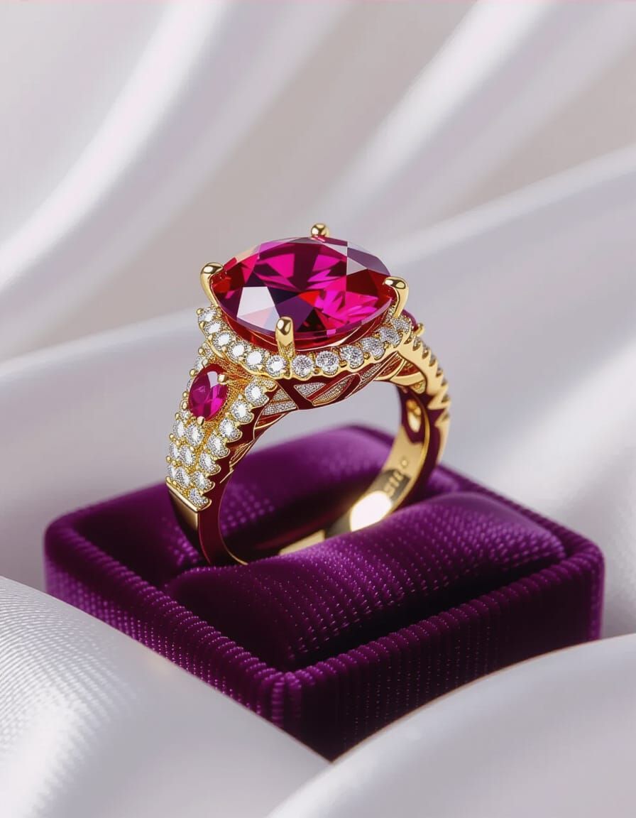 Regal Ruby Wedding Ring on Velvet Cushion