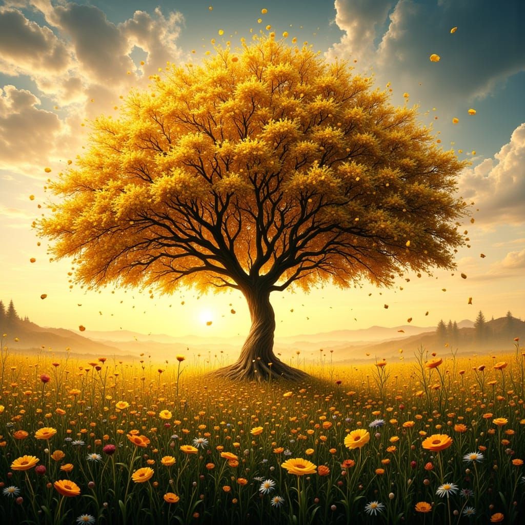 Magical Money Tree in Golden Hour Meadow