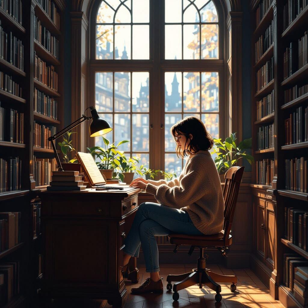 Lo-Fi Girl in Library as Digital Painting