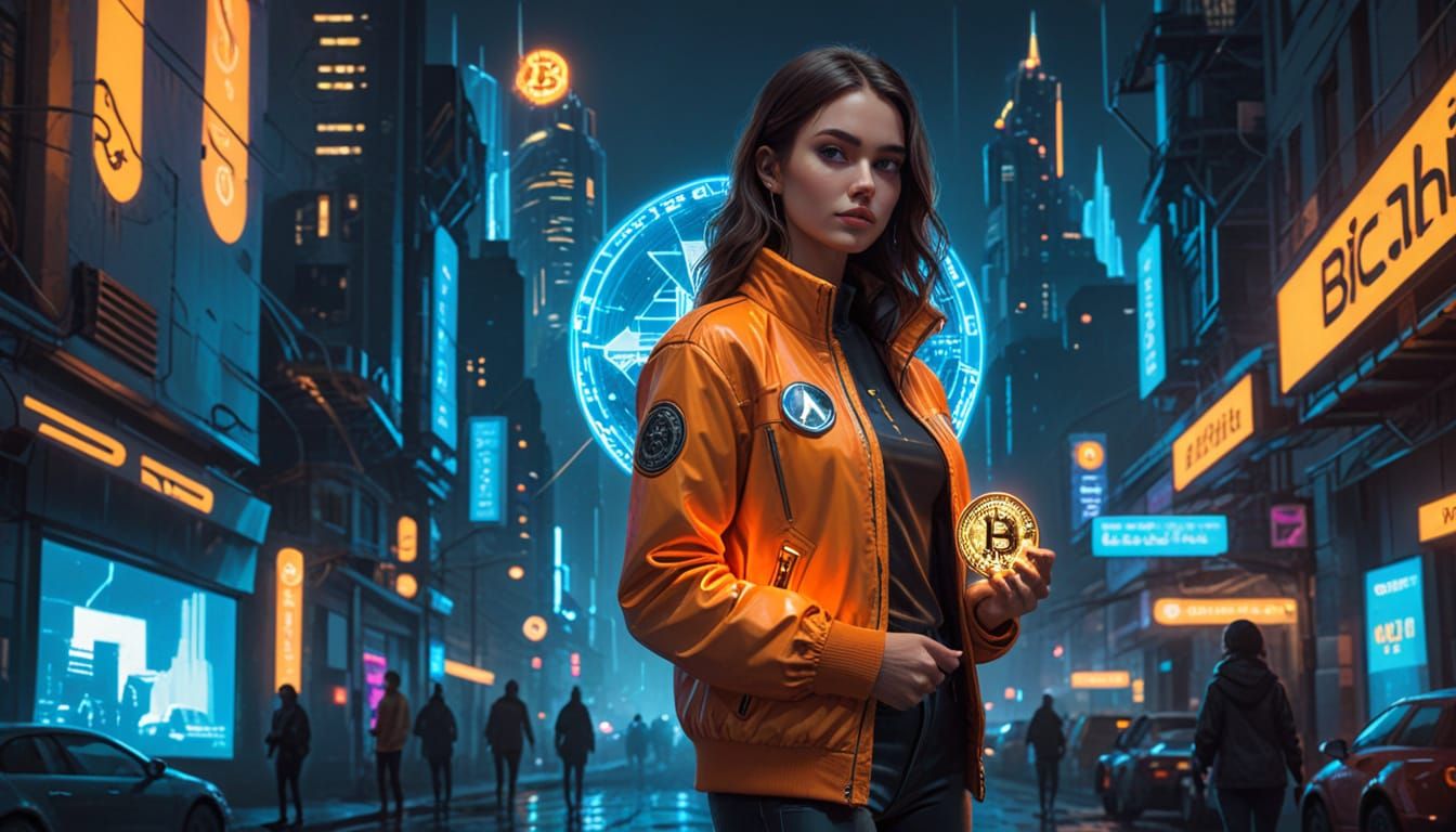 Futuristic Model with Bitcoin in Cyberpunk Style