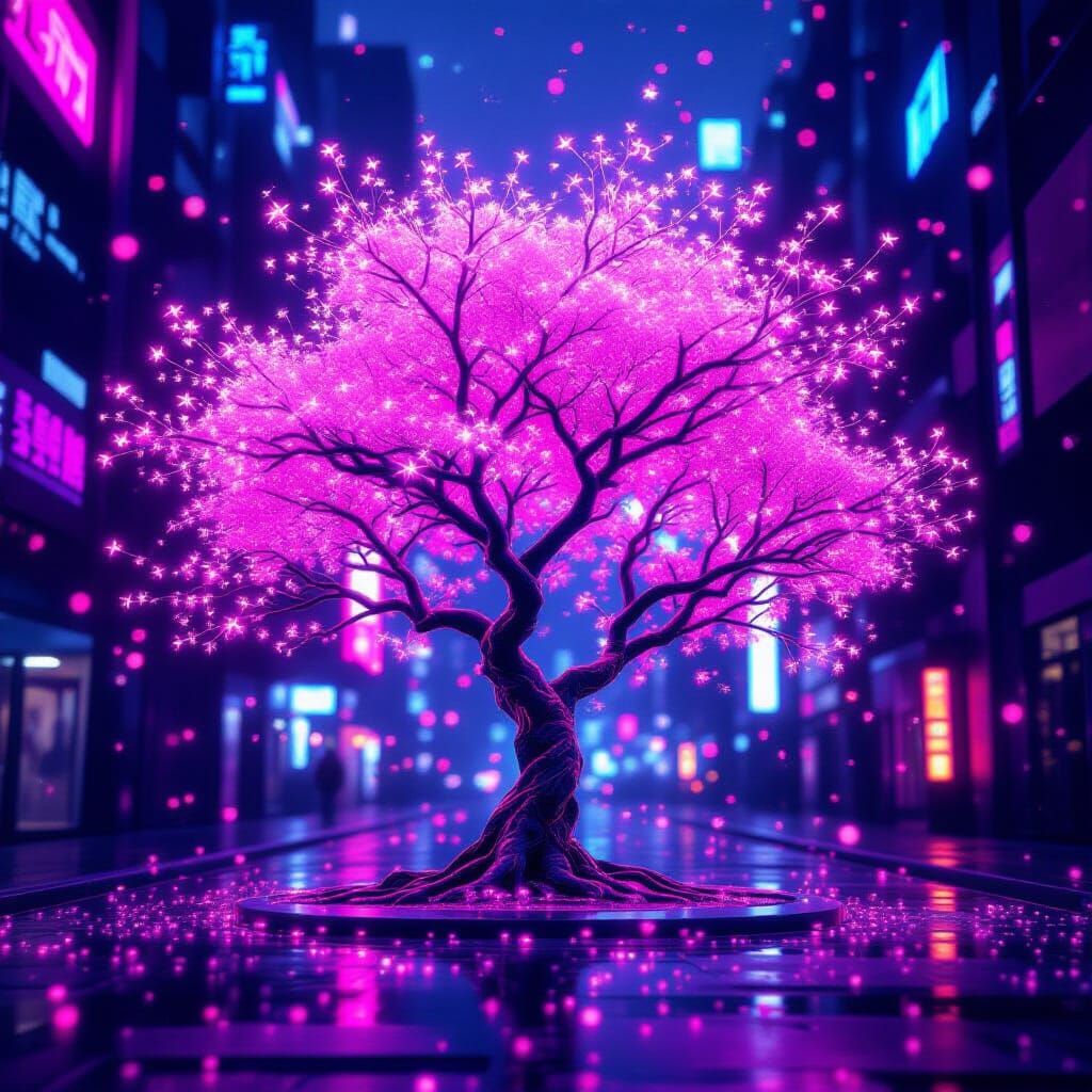Cyberpunk Neon Sakura Tree in 3D