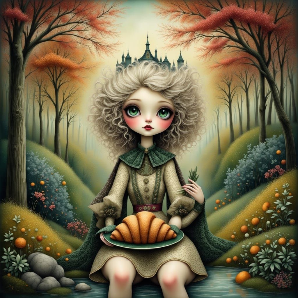 Eerie Whimsical Woman in Autumn Garden