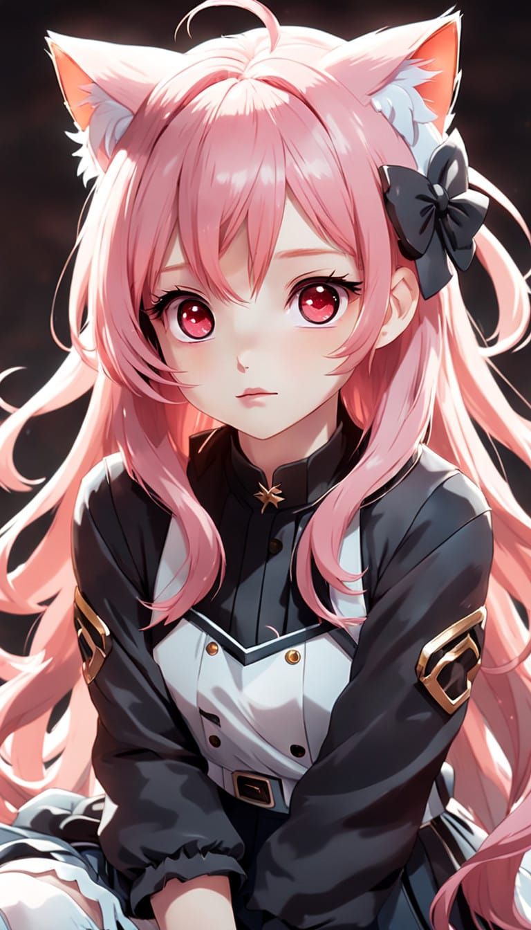 Ethereal Anime Girl with Red Eyes and Pink Hair in Whimsical...