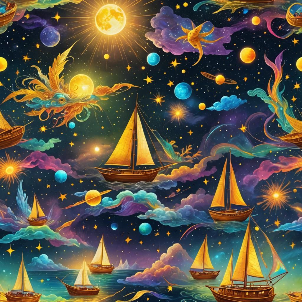 Rainbow Ship Sails Under Cosmic Moonlight: Astral Illustrati...