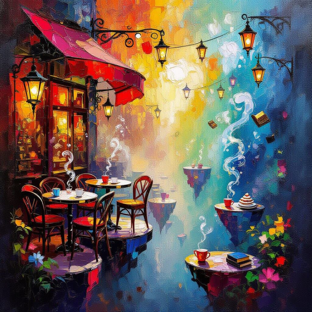 Whimsical Floating Cafe in Rainbow Oil Painting