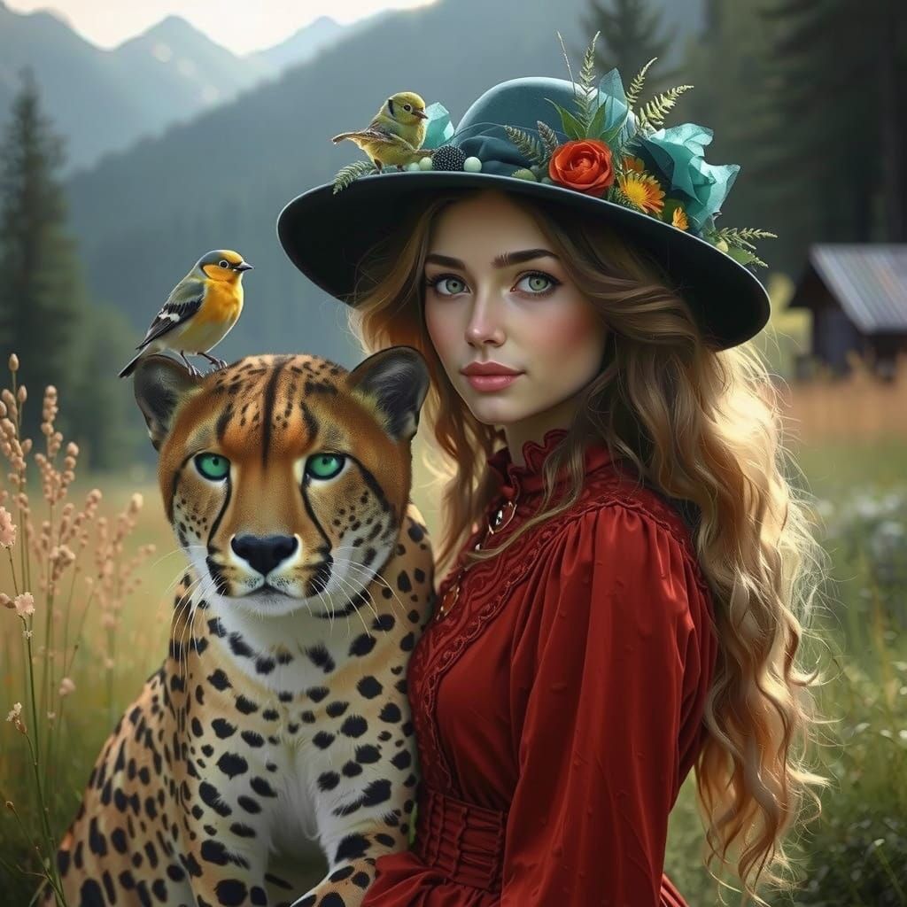 Ethereal Fantasy Scene with Woman, Cheetah, and Finch in Swi...