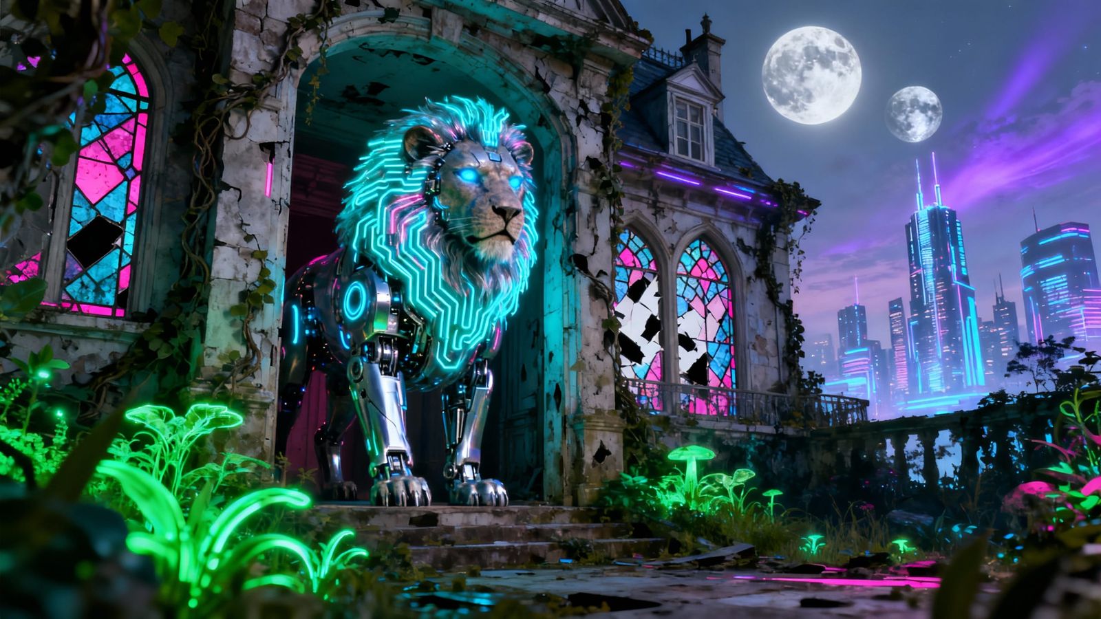 Cybernetic Lion Guards Victorian Chateau Under Twin Moons