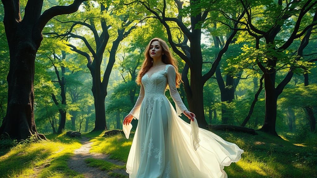 Ethereal Lady in Vibrant Forest Landscape