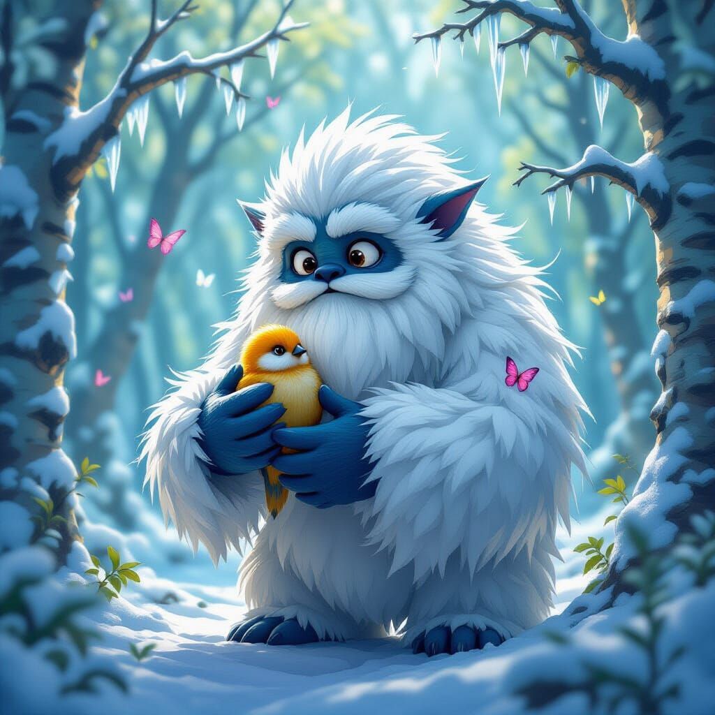 Gentle Yeti Holds Bird in Colorful Forest