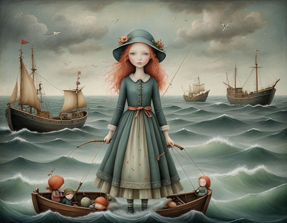 Surreal Girls on Trawler in Stormy North Sea