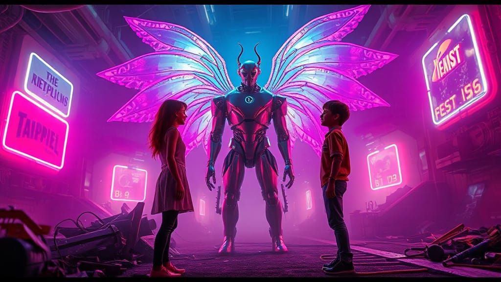 Fairy-like Creature in Retro-Futuristic Sci-Fi Scene