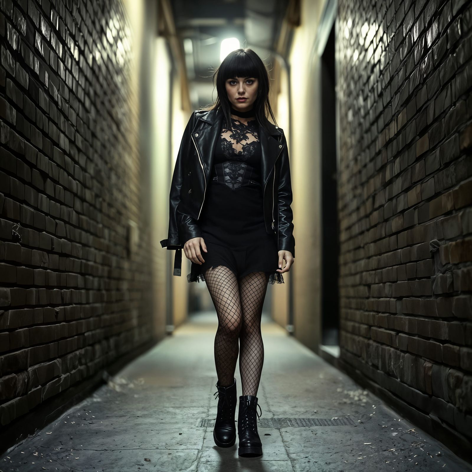 Goth Woman in Black Lace Dress in Dim Alleyway