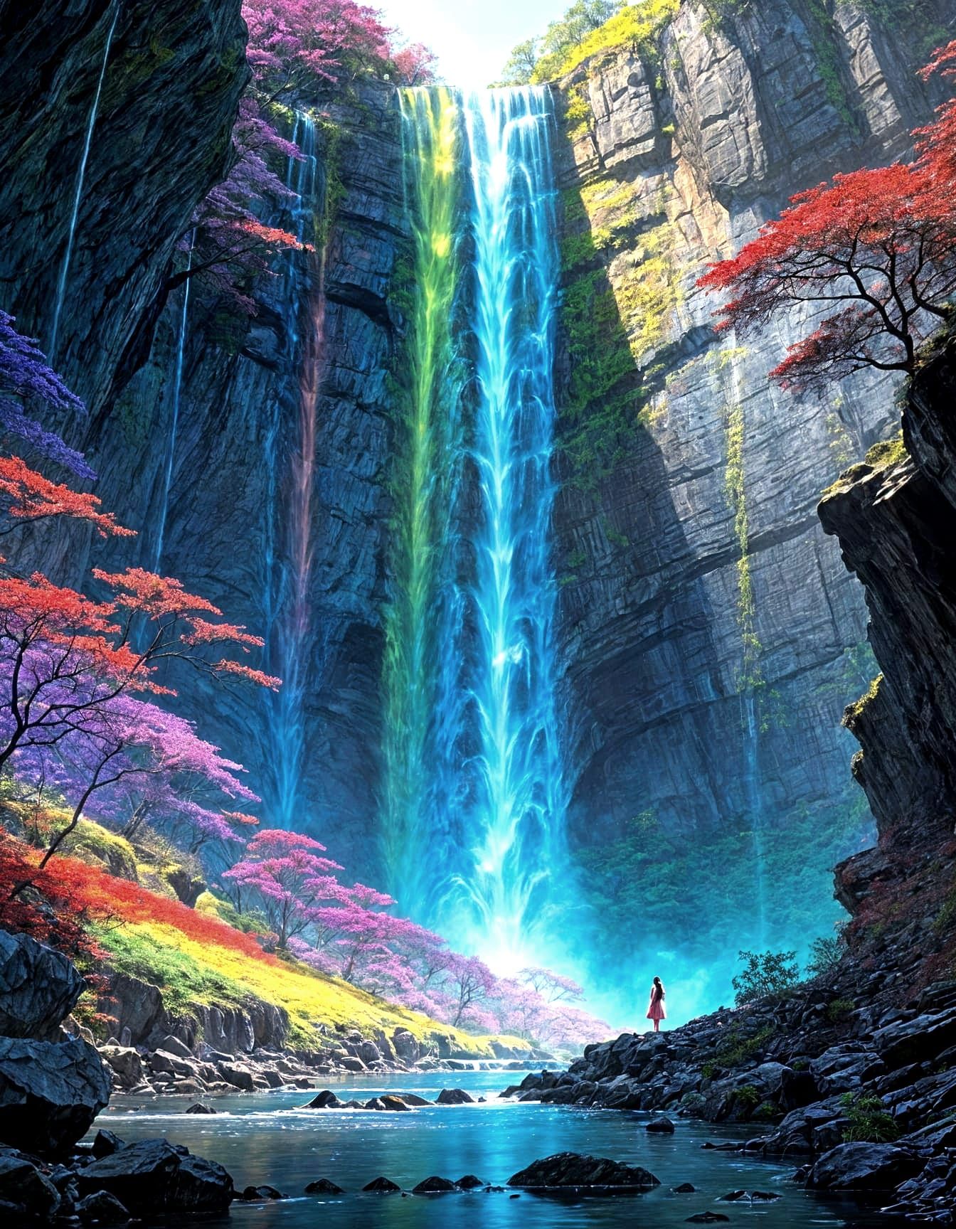 Enchanted Multicolored Waterfall in Fantasy Landscape