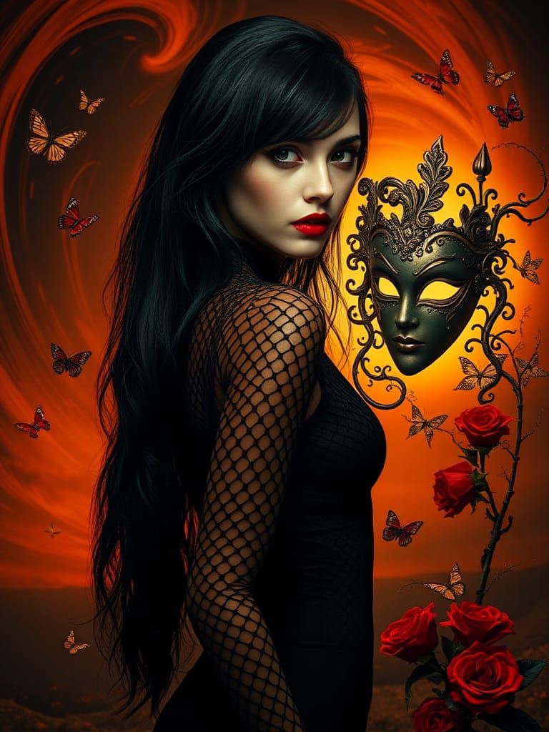 Mysterious Dark-Haired Woman in a Dramatic Sunset Atmosphere