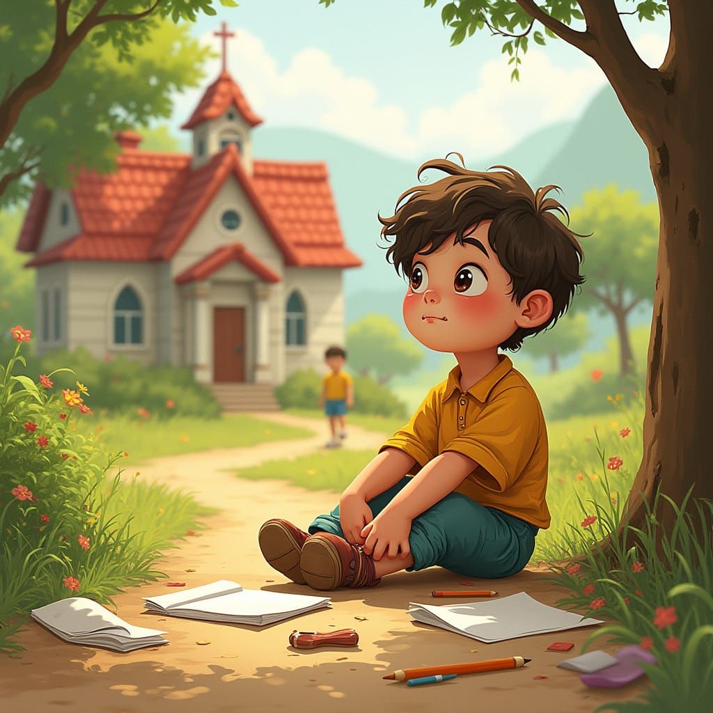 A Whimsical Young Boy Lost in Childhood Memories