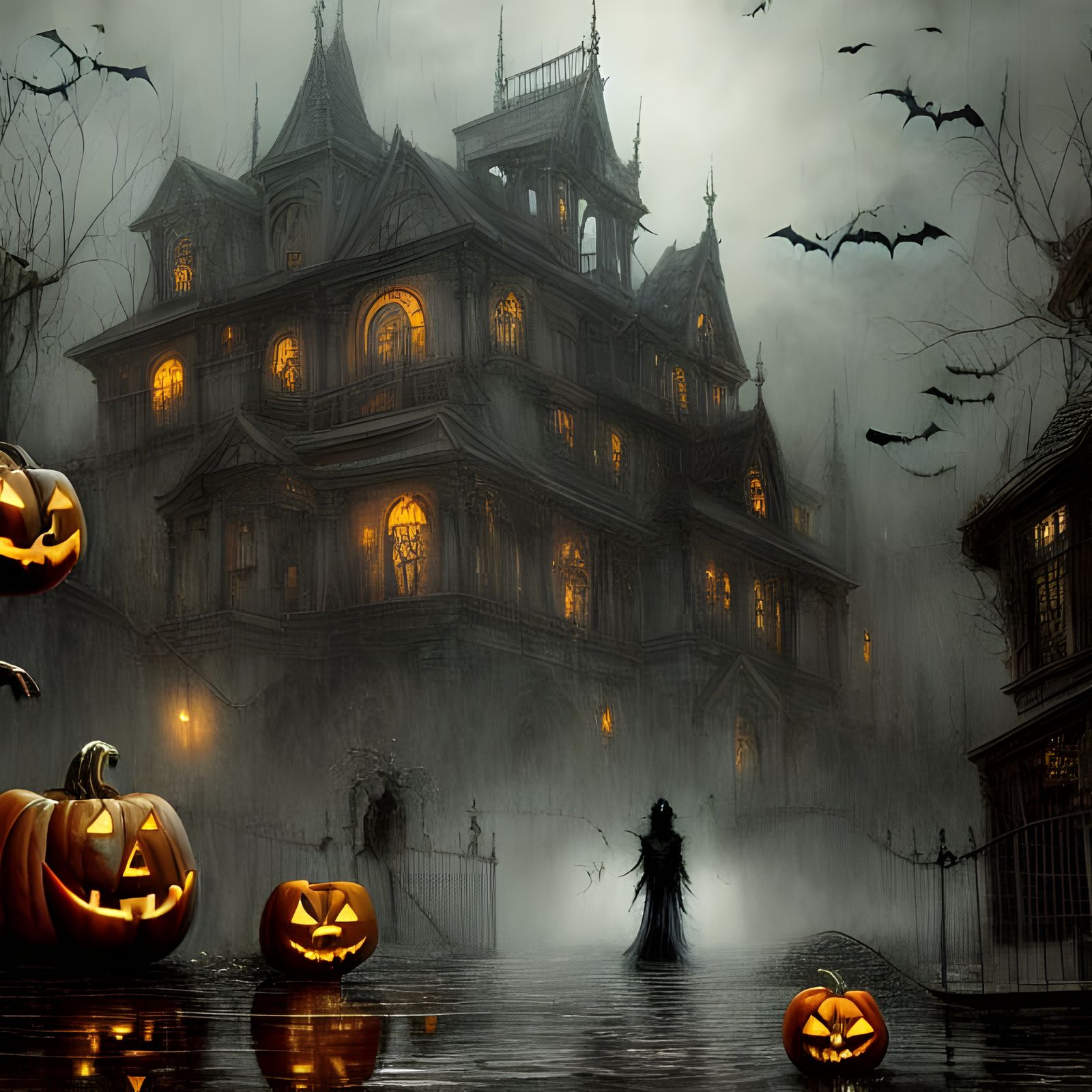 Hyperdetailed Halloween Mansion Reflected in Puddles