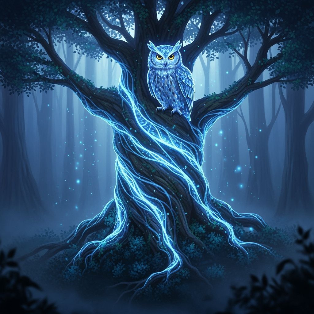 Crystalline Owl in Bioluminescent Forest Twilight