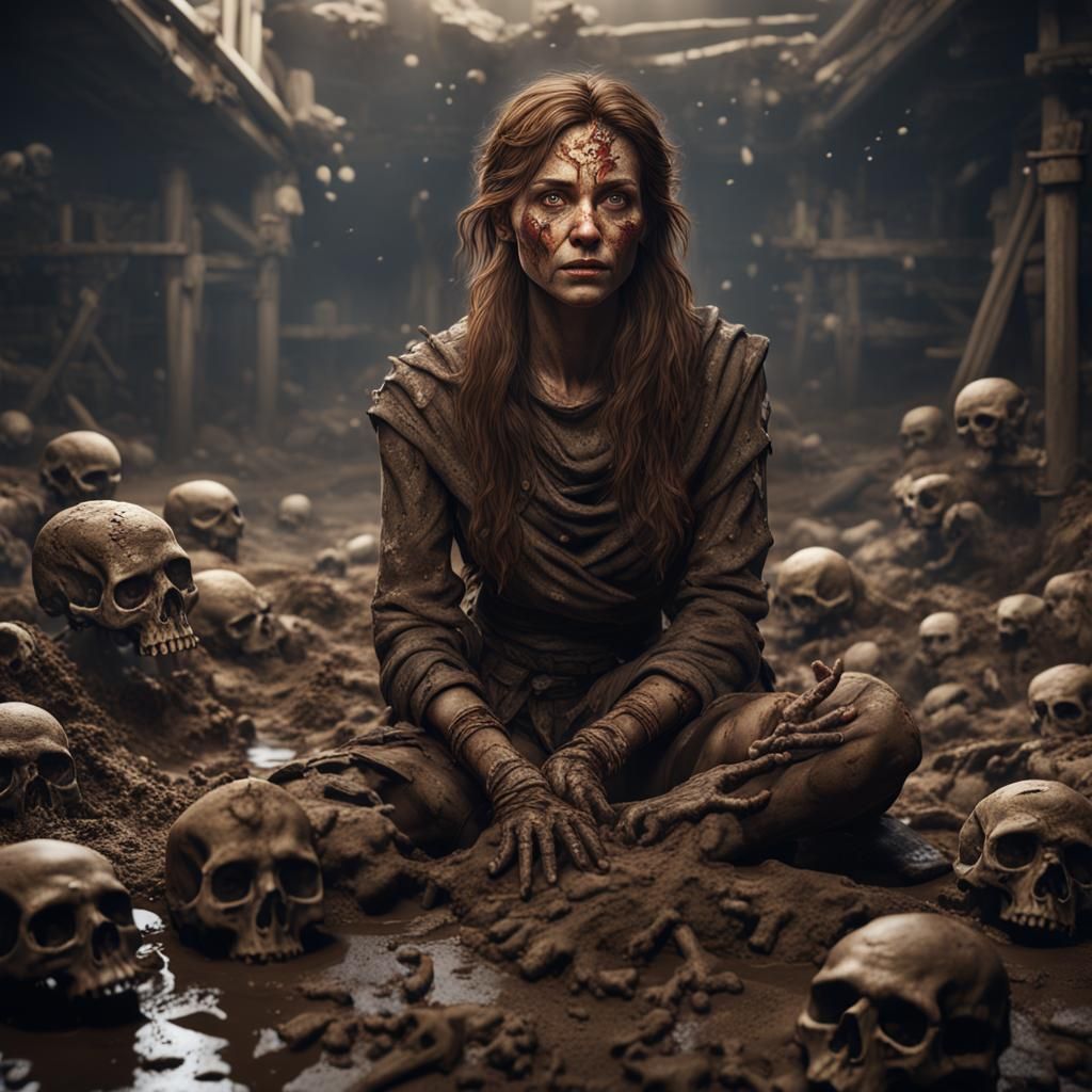 Brown Haired Woman in Bone Pit: Matte Painting