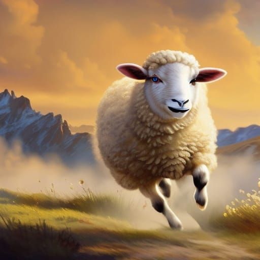 Sheep Running on Road in Hyperdetailed Concept Art