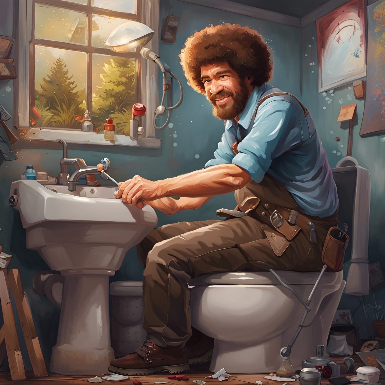 The famous artist Bob Ross working as a plumber working on a toilet 8k resolution concept art portrait by Greg Rutkowski...