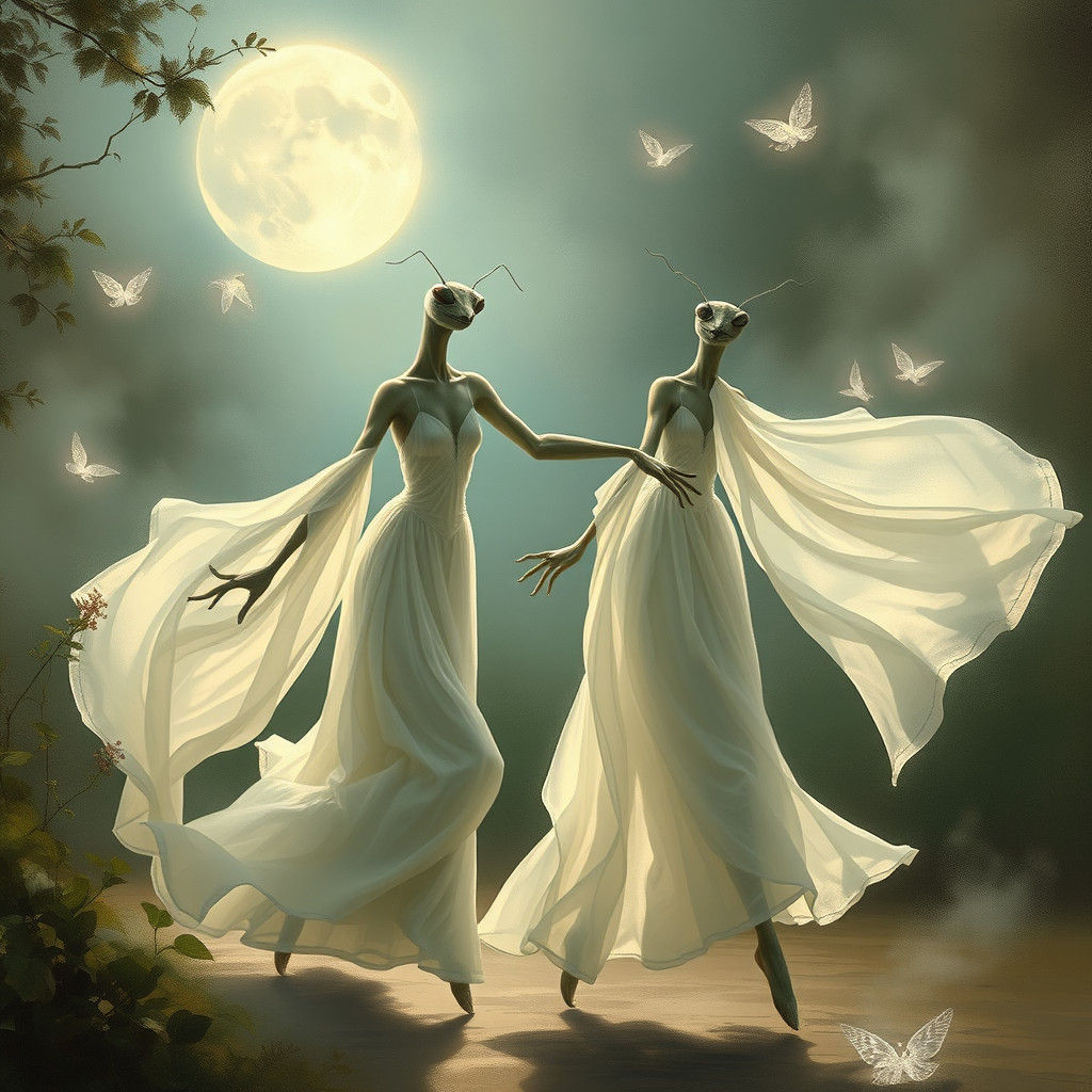 Mantis Dancers in Moonlit Garden as Impressionist Painting