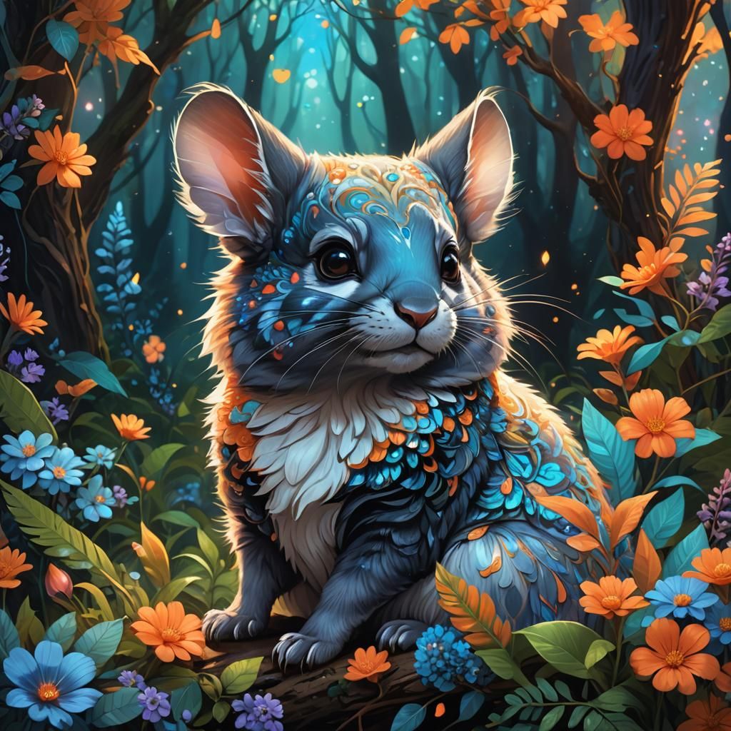 Mystical Chinchilla-Ferret Hybrid in Fantasy Forest