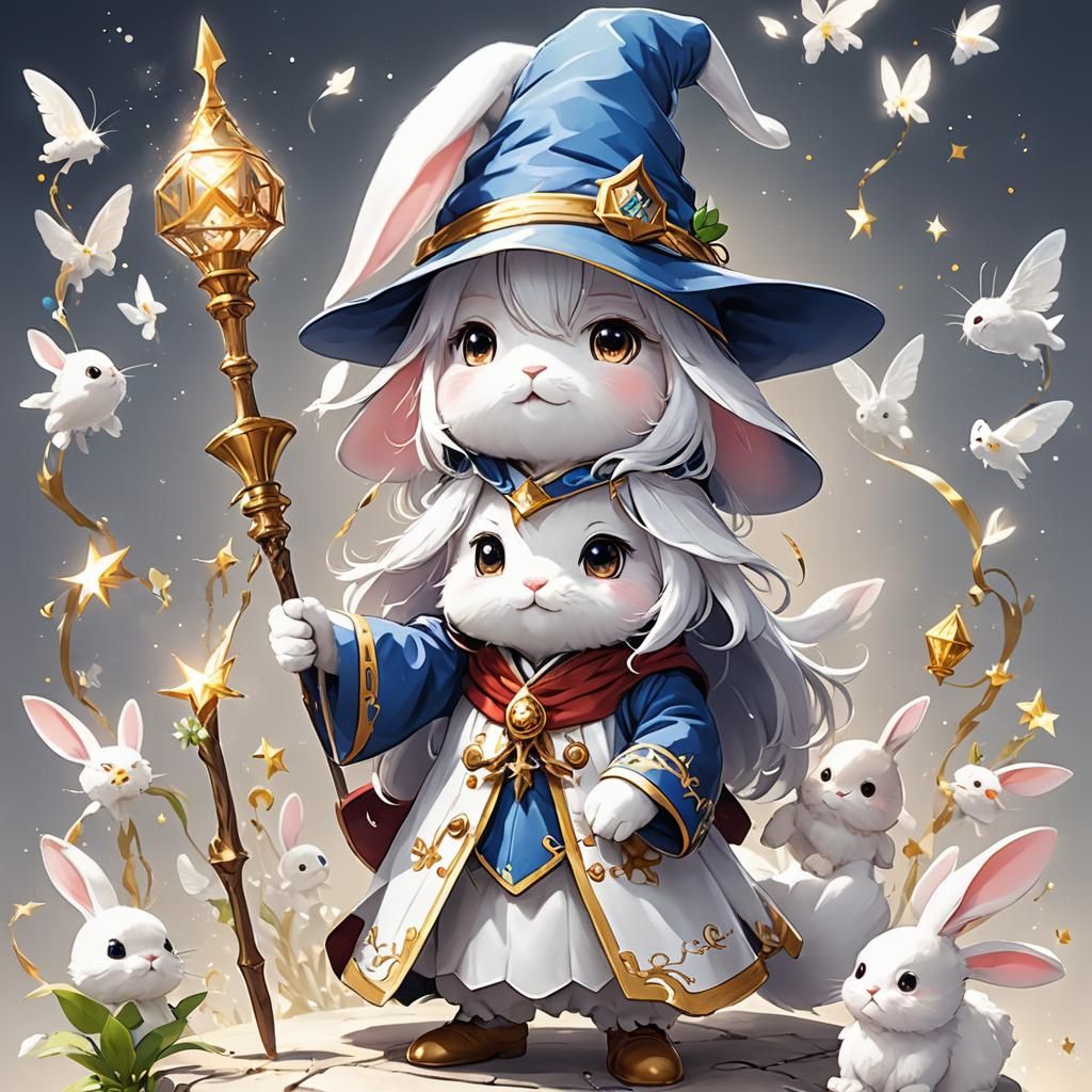 Cute White Bunny Wizard in Anime Style
