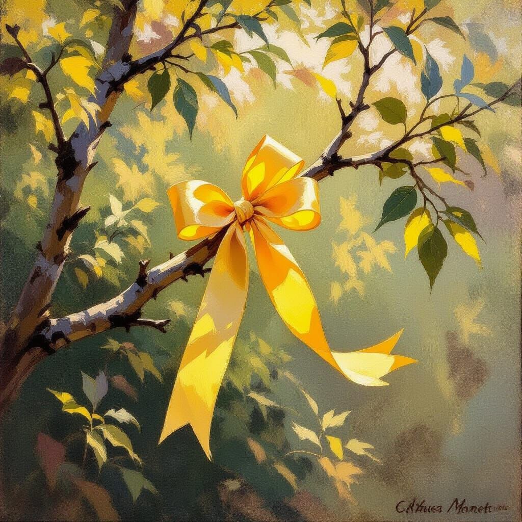 Yellow Ribbon on Tree Branch in Soft Sunlight