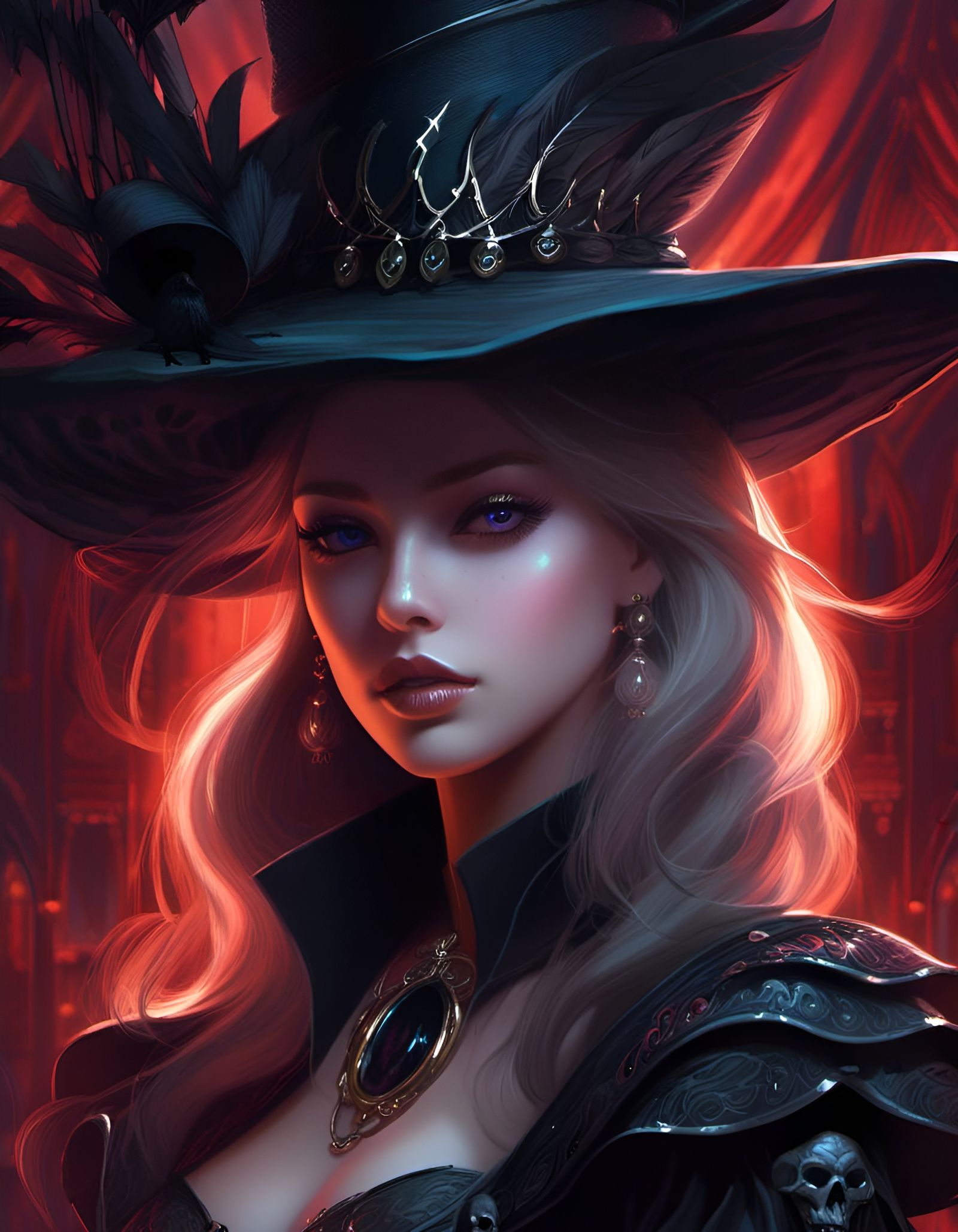 Beautiful Necromancer Girl with Black Wings in Anime Style