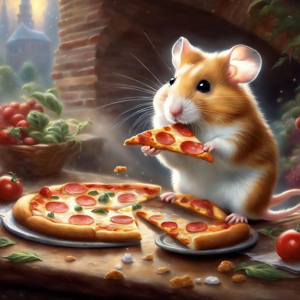 Hamster's Pizza Party: Ethereal Fantasy in Kinkade Style