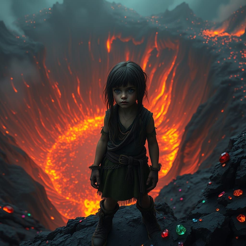 Dark Fantasy Dwarf Girl Stands at Edge of Fiery Volcanic Cha...