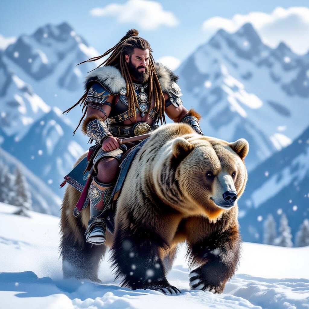 Warrior on Polar Bear with Snowy Peaks
