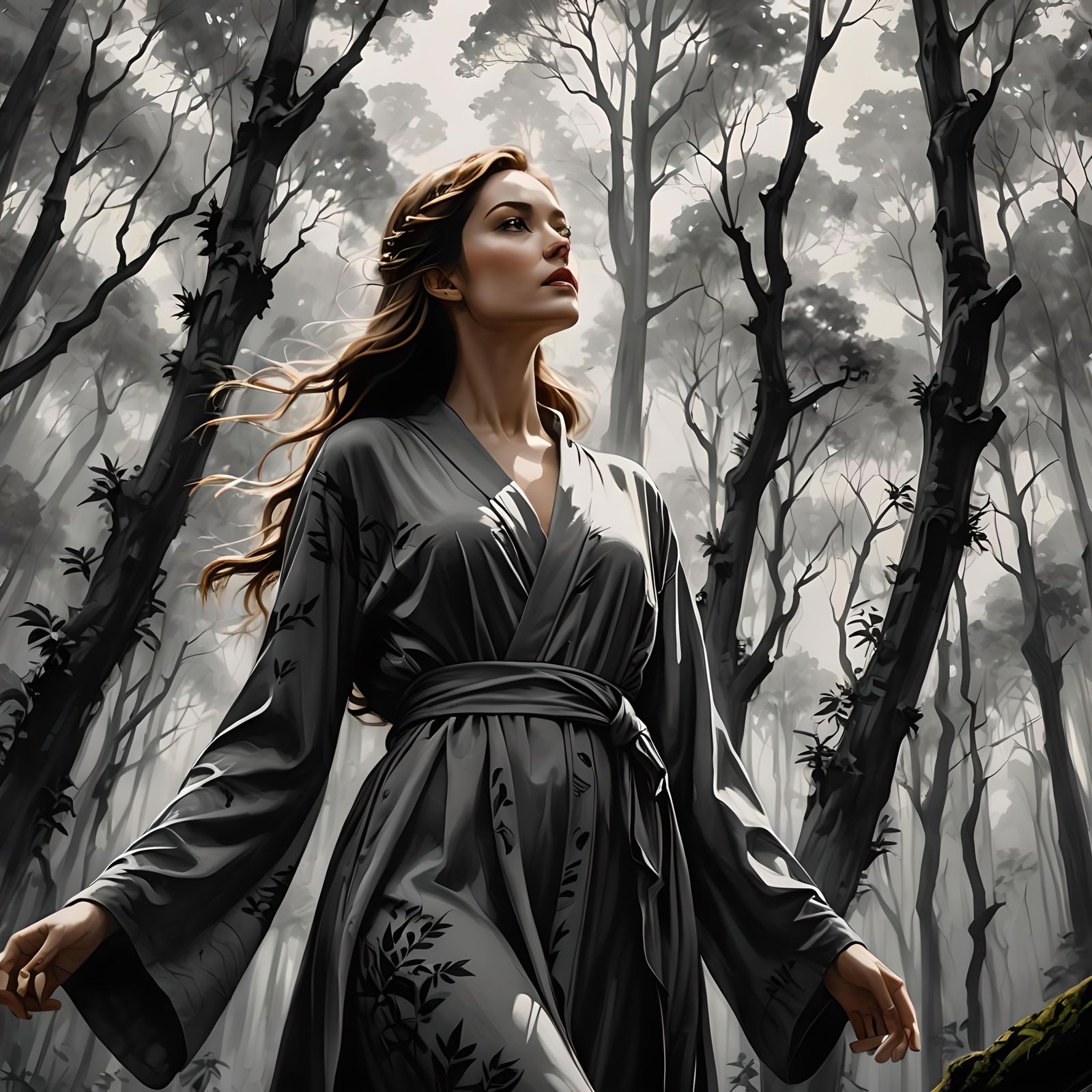 Woman Gazing at Forest Canopy in Ink Painting Style