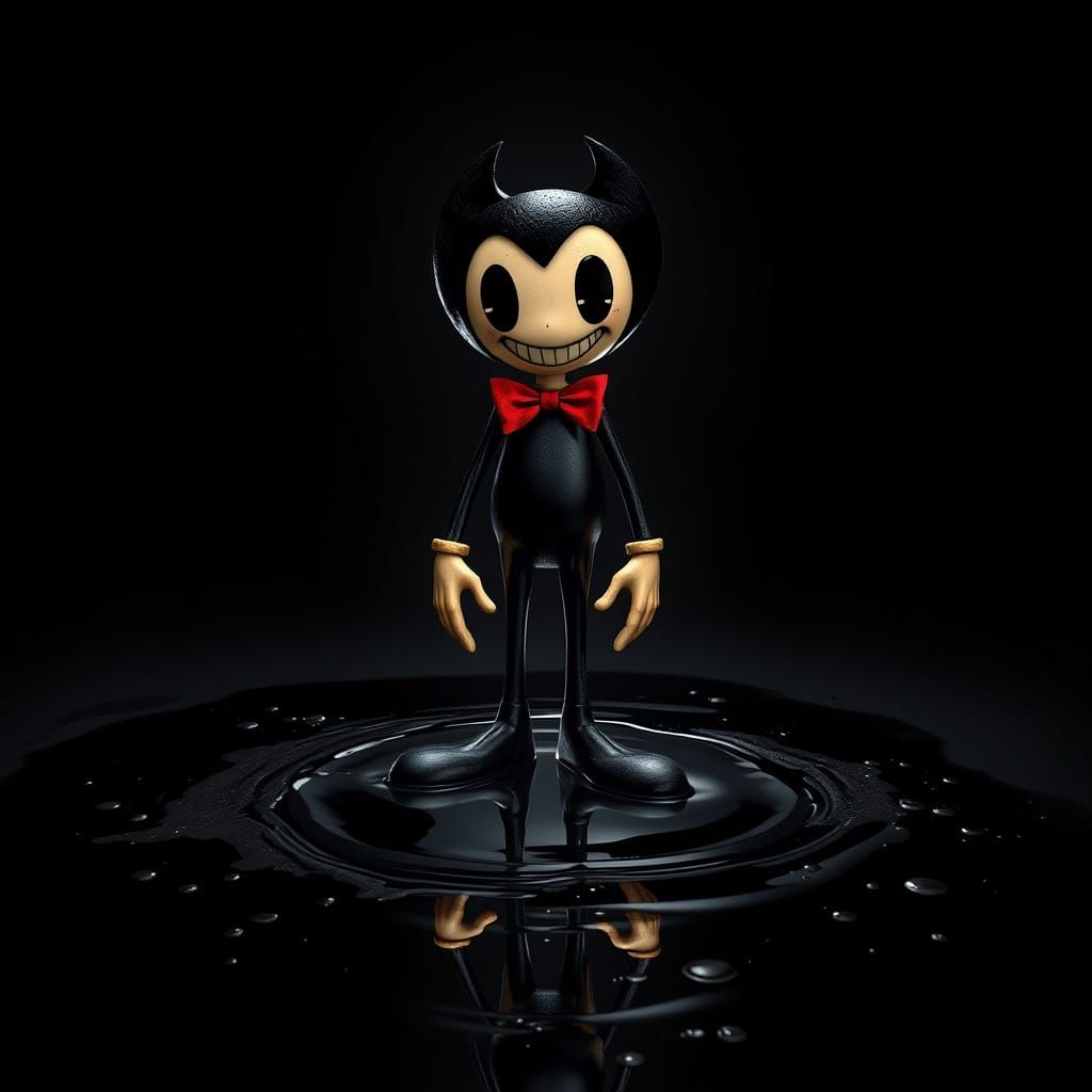 Eerie Bendy in Ink Puddle: A Realistic Cartoon Nightmare