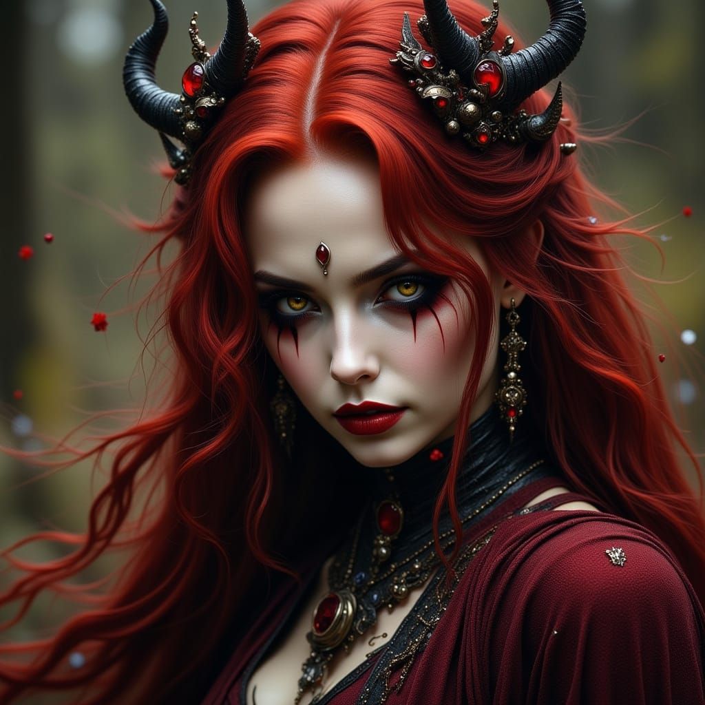 Dark-Red Haired Sorceress in Hyperreal Style